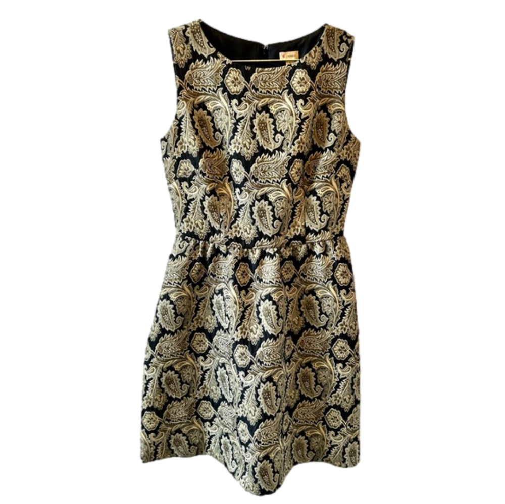 Cremieux Jacquard Gold Size 4 Cocktail Dress Paisley Floral Black EUC